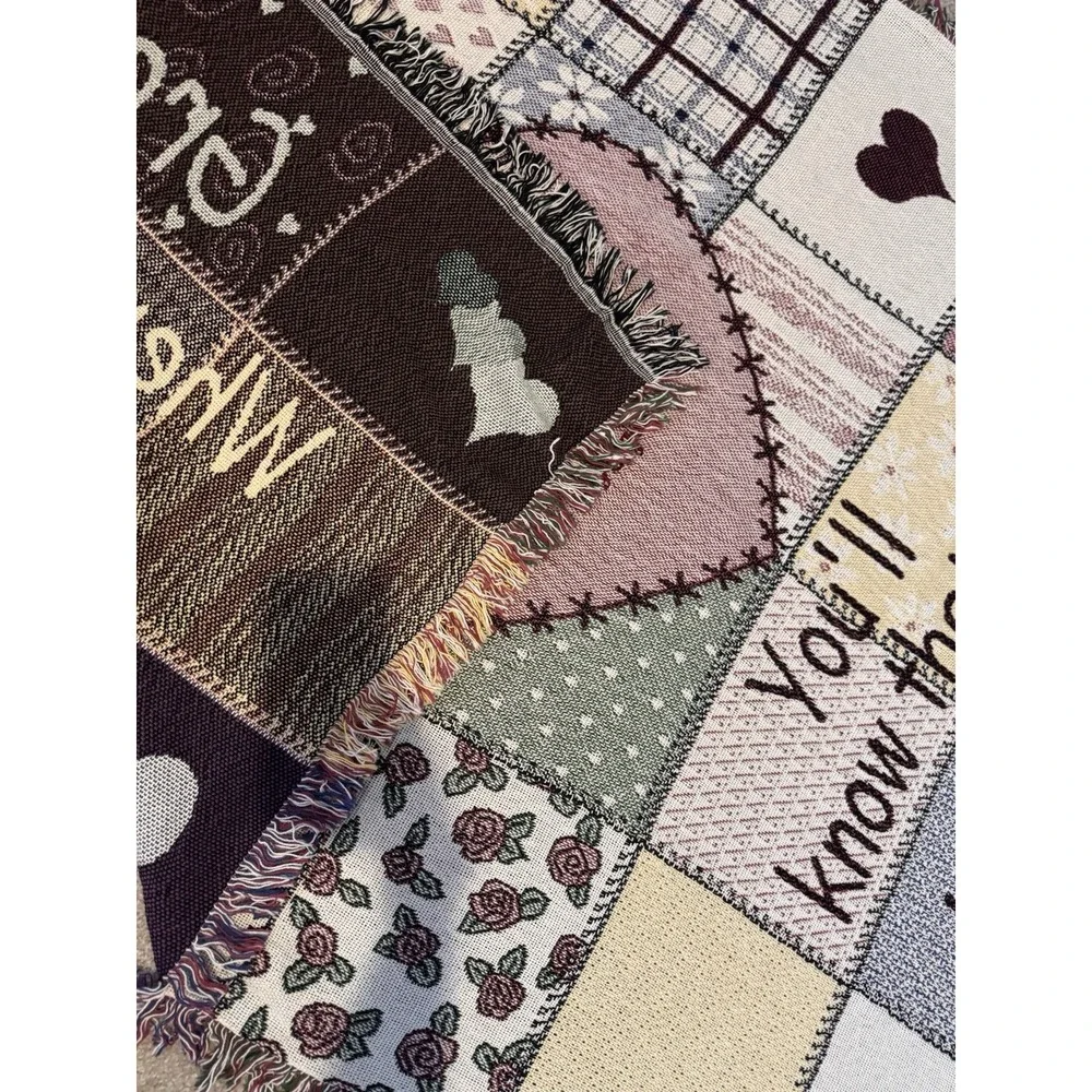 Grandma‎ Throw Blanket Woven Tapestry Fringe Hearts Patchwork Design Country USA